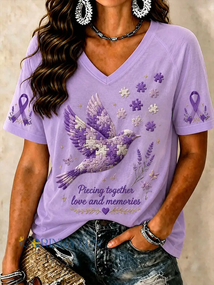 Kvinnors t-shirt med motivet ”Lima samman kärlek och minnen – Alzheimertemat” - ljus purpura / S