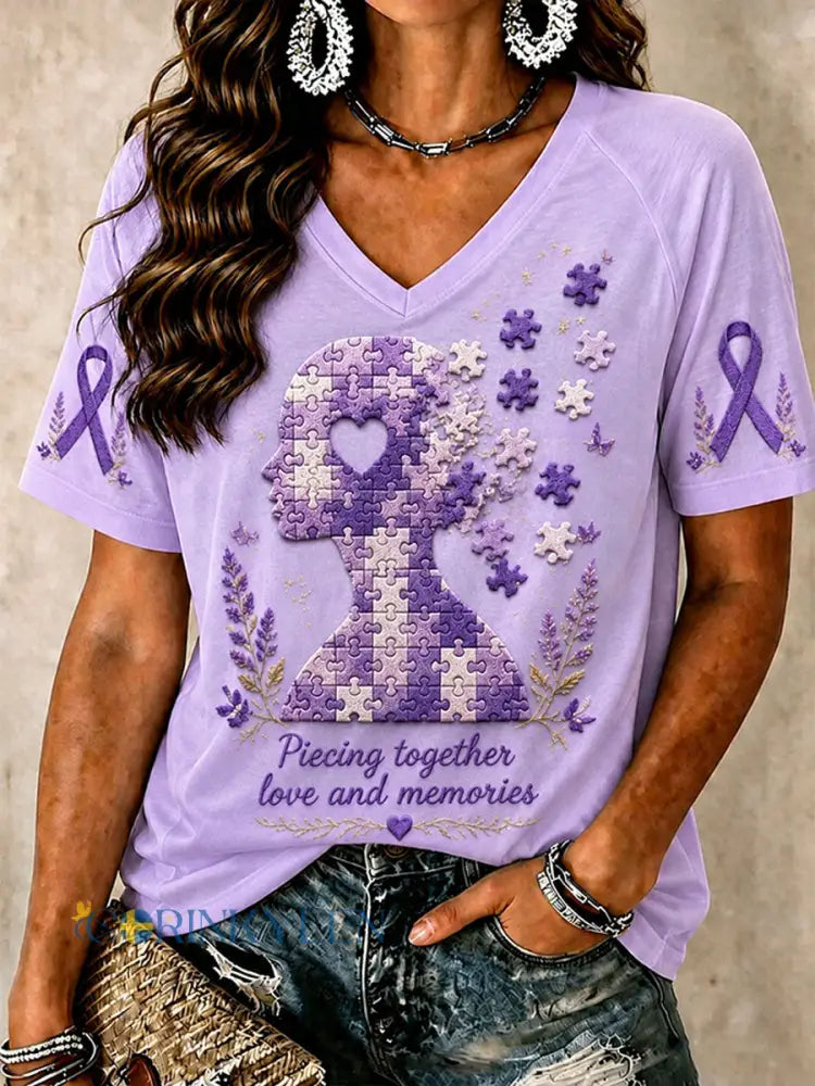 Kvinnors t-shirt med motivet ”Lima samman kärlek och minnen – Alzheimertemat” - ljus purpura / S