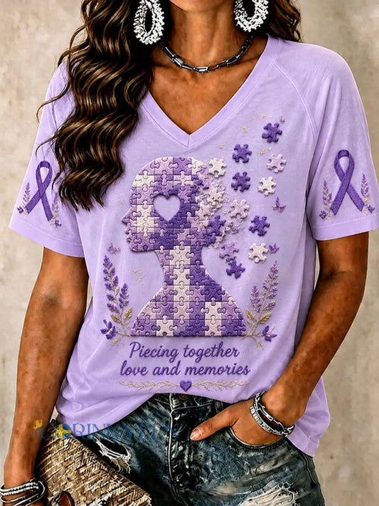 Kvinnors t-shirt med motivet ”Lima samman kärlek och minnen – Alzheimertemat” - ljus purpura / S