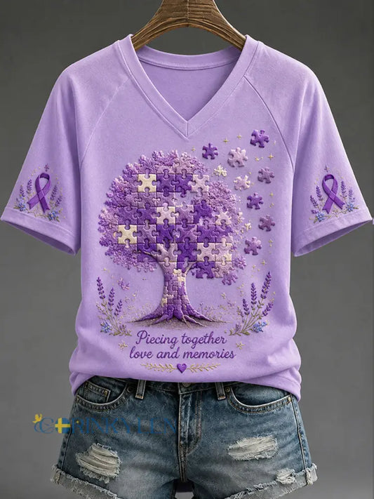 Kvinnors t-shirt med motivet ”Lima samman kärlek och minnen – Alzheimertemat” - ljus purpura / S