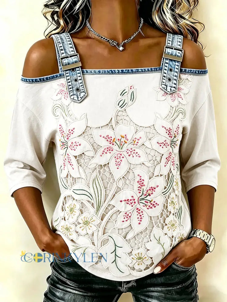 Kvinnors två-del spets blommar Print Casual Fashion Strapless T-shirt - kränk-vitt / S