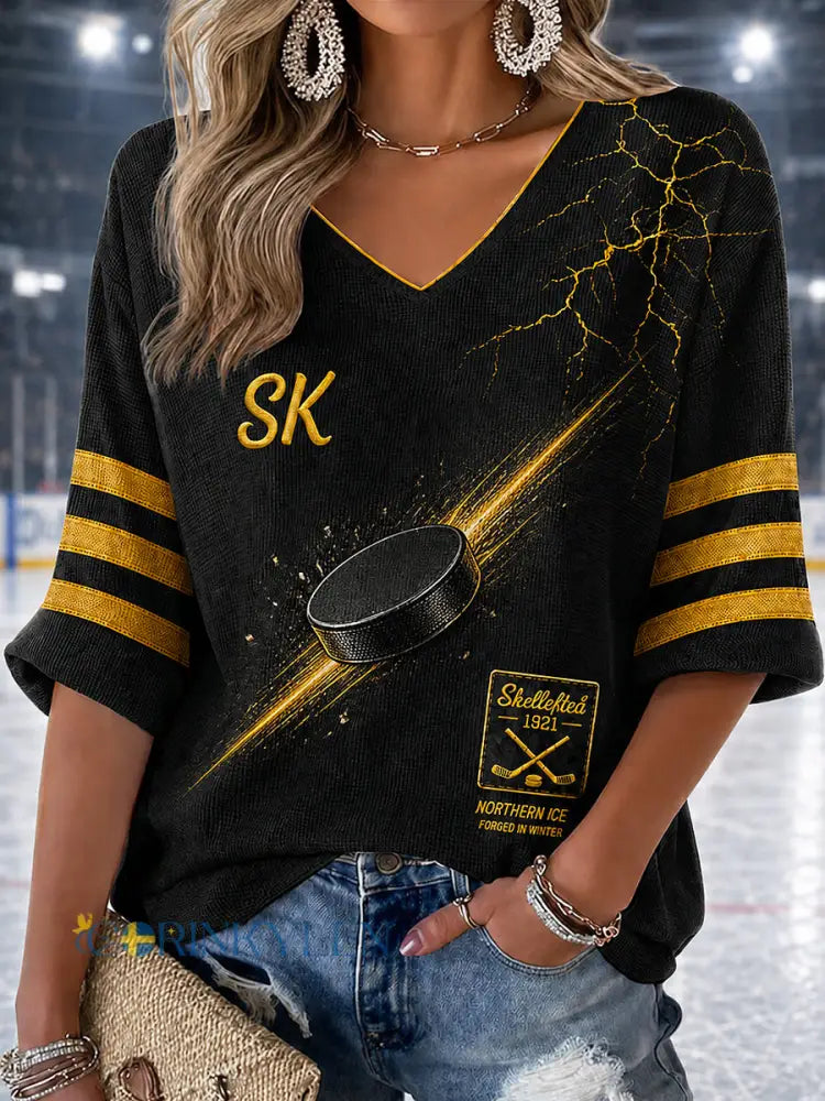 Kvinnors V-hals Mitt ärm Skellefteå AIK Tryckt Casual T-shirt - svart- gul / S