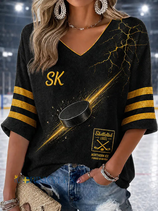 Kvinnors V-hals Mitt ärm Skellefteå AIK Tryckt Casual T-shirt - svart- gul / S