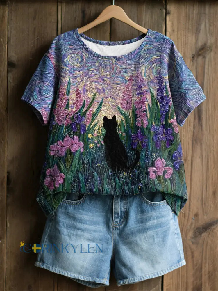 Kvinnors växter och blommor söta katt Print Casual T-shirt - som bild / S
