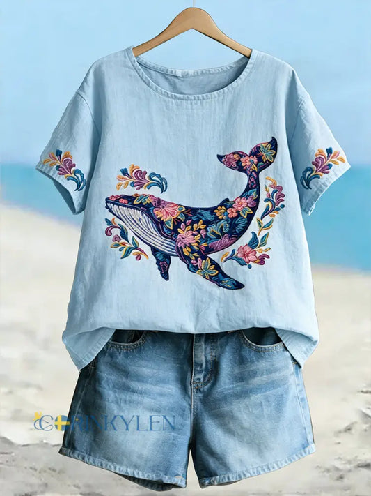 Kvinnors val Floral konstlin Korta ärmar T-shirt - ljusblå / S