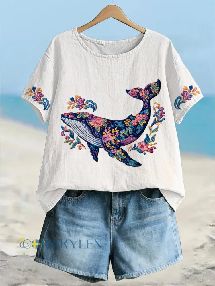 Kvinnors val Floral konstlin Korta ärmar T-shirt - vitt / S