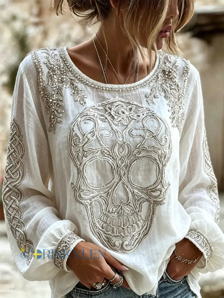 Kvinnors Viking Celtic Skull Keltic Knop Skriv ut bomull-Linen skjorta - vitt / S