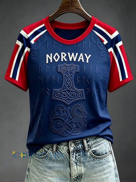 Kvinnors Viking Inspirerad konst Celtic Norway Flag Skriv ut Round Hals Kort ärm T-shirt - djupblåa / S