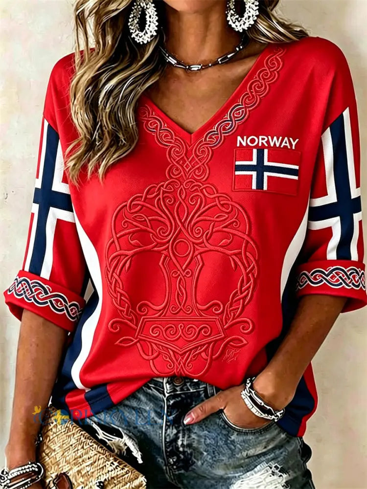 Kvinnors vikinga träd av liv keltisk knop Flag Skriv ut med längd ärmar V-hals T-shirt - röd / S