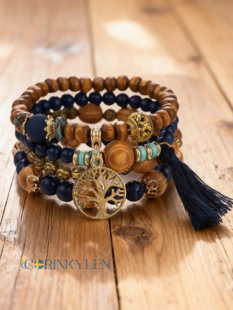 Kvinnors vikinga träd i livet Bohemian Multi-Layer Bead armband - blå