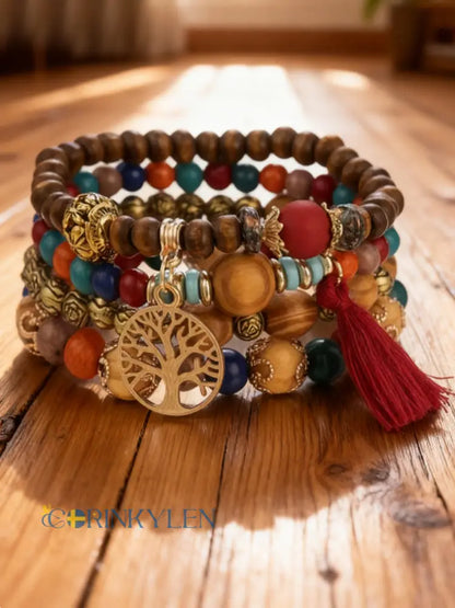 Kvinnors vikinga träd i livet Bohemian Multi-Layer Bead armband - flertikolor