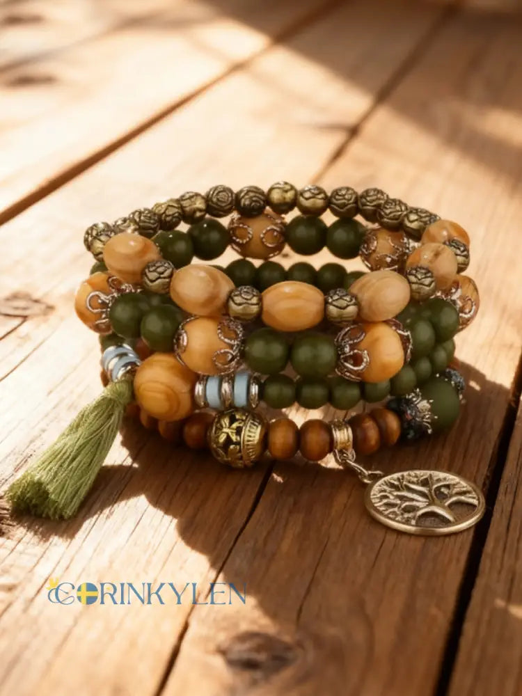 Kvinnors vikinga träd i livet Bohemian Multi-Layer Bead armband - grön