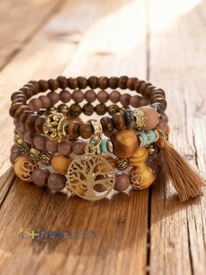 Kvinnors vikinga träd i livet Bohemian Multi-Layer Bead armband - kaffe
