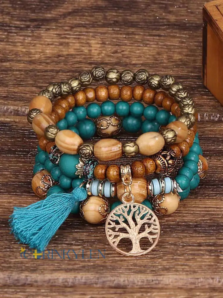 Kvinnors vikinga träd i livet Bohemian Multi-Layer Bead armband - ljusblå