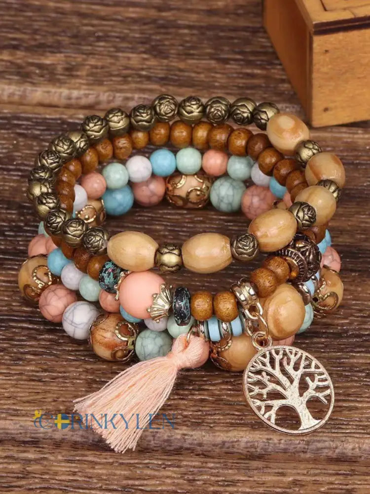 Kvinnors vikinga träd i livet Bohemian Multi-Layer Bead armband - ljusrosa
