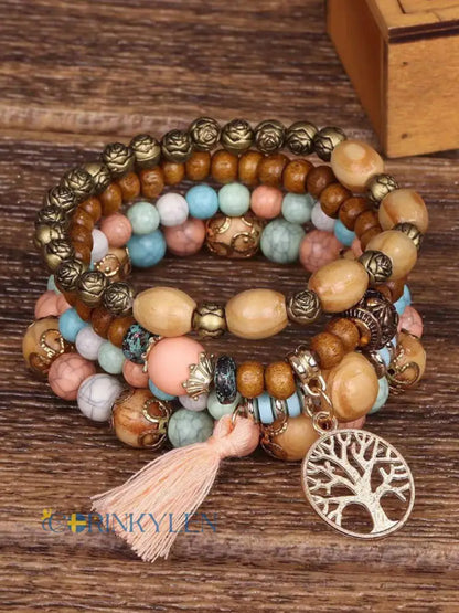 Kvinnors vikinga träd i livet Bohemian Multi-Layer Bead armband - ljusrosa