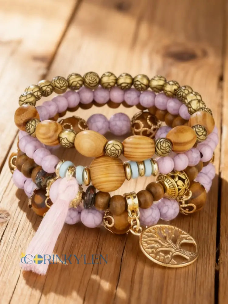 Kvinnors vikinga träd i livet Bohemian Multi-Layer Bead armband - rosa
