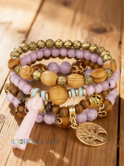 Kvinnors vikinga träd i livet Bohemian Multi-Layer Bead armband - rosa