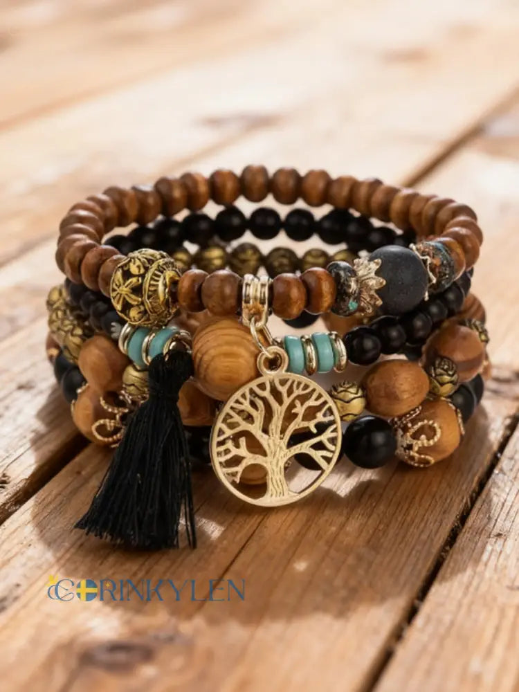 Kvinnors vikinga träd i livet Bohemian Multi-Layer Bead armband - svart