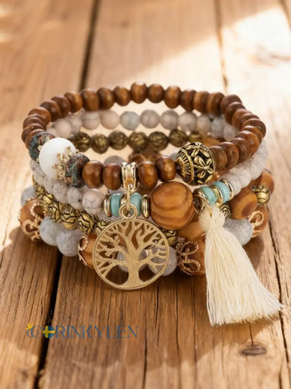 Kvinnors vikinga träd i livet Bohemian Multi-Layer Bead armband - vit