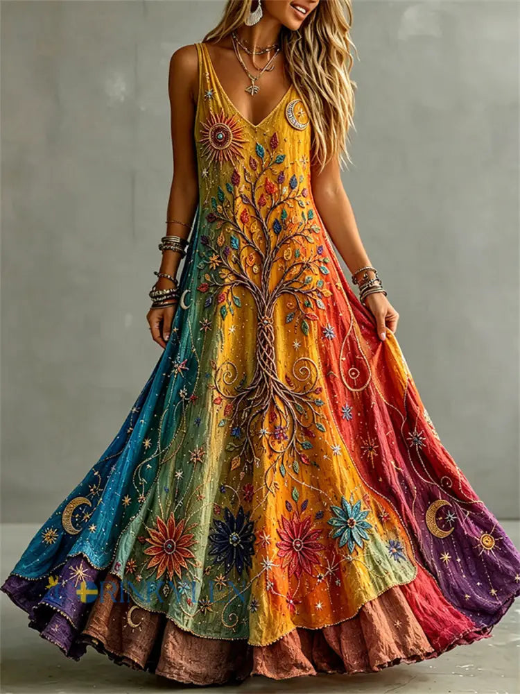 Kvinnors vikinga träd liv Hippie Floral Gradient Färg Skriv ut Maxi Klänning - som bild / S