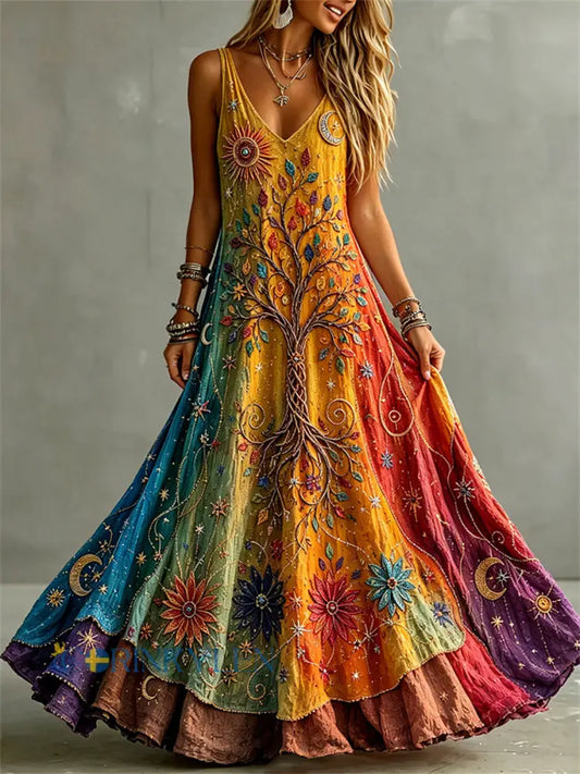 Kvinnors vikinga träd liv Hippie Floral Gradient Färg Skriv ut Maxi Klänning - som bild / S