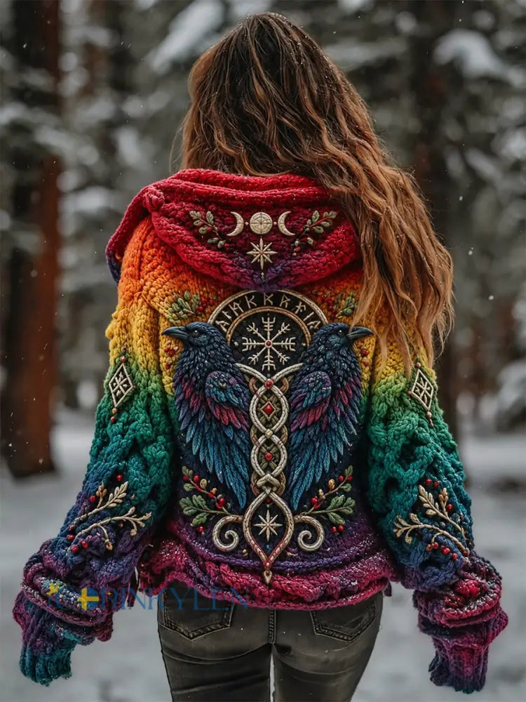Kvinnors vikinga träd livsmönster Gradient Multifärg Cardigan Stick Jacka - flerlog / S