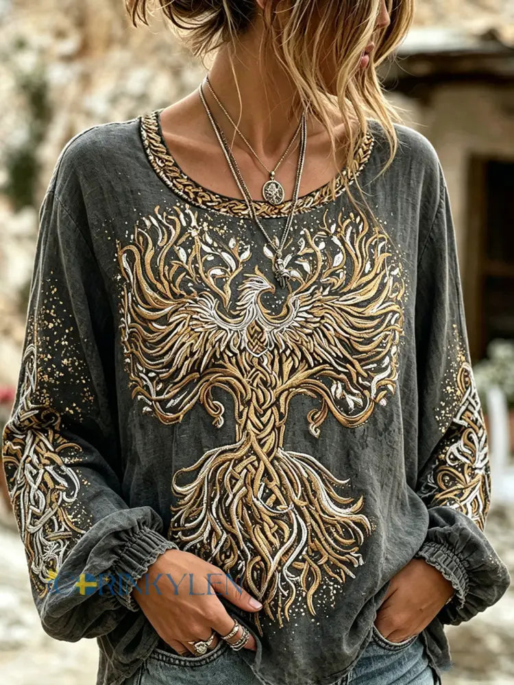 Kvinnors vikinga träd och Phoenix Mönster Design Retro bomull och linneskjort - medelgråt / S