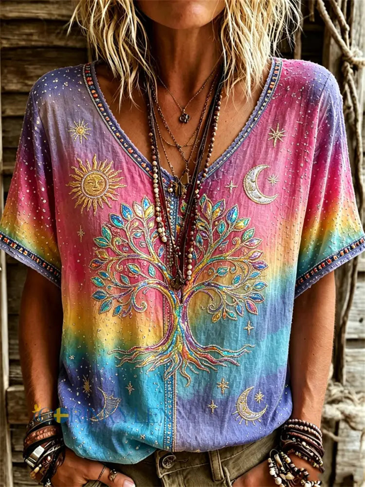 Kvinnors vikingaträd livets hippigrafiskt print linne t-shirt med gradientfärger och korta ärmar - som bild / S