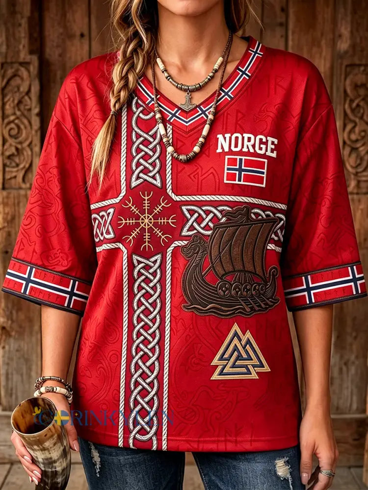 Kvinnors Vikingskepp Art Flag Skriv ut med längd ärmar V-hals T-shirt - röd / S