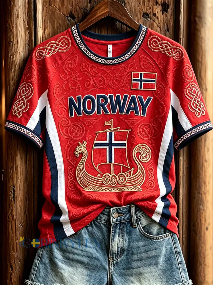 Kvinnors Vikingskepp Celtic Knop Flag Skriv ut korta ärmar t-shirt - röd / S