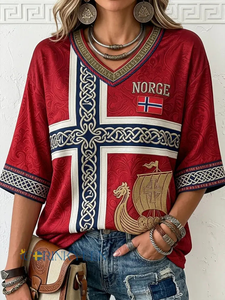 Kvinnors Vikingskepp Konst Runor Skriv ut med längd ärmar V-hals T-shirt - röd / S