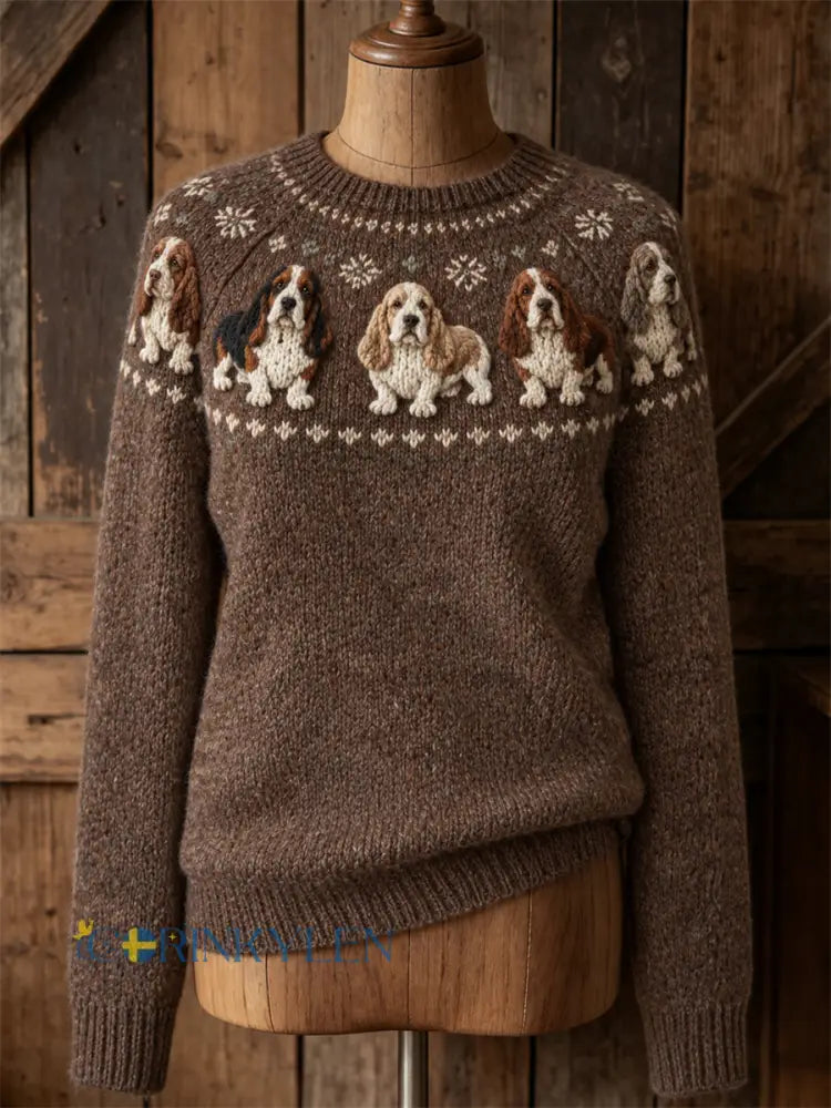 Kvinnors Vintage Basset Hound hundar Yoke Isle Print besättning hals tröjar - mörk brun / S