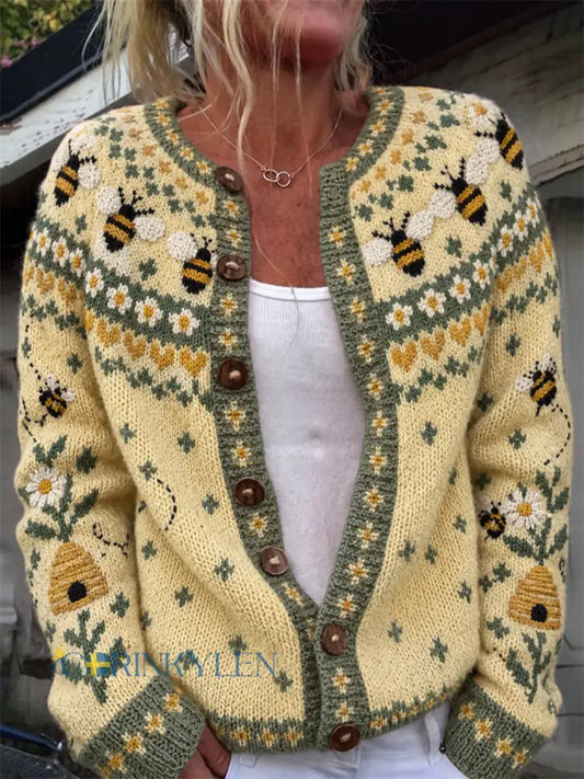Kvinnors Vintage Bin Farm Floral Isle Print Cardigan-stil Stil jacka - gul / S