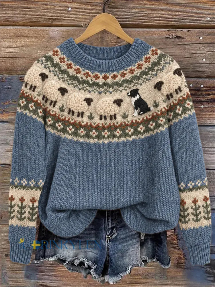Kvinnors Vintage Border Collie & Fuzzy Sheep Yoke Isle Print besättning hals tröjar - blå / S