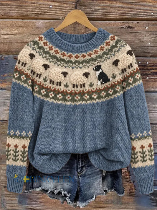 Kvinnors Vintage Border Collie & Fuzzy Sheep Yoke Isle Print besättning hals tröjar - blå / S