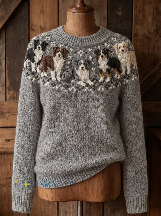 Kvinnors Vintage Border Collie Hundar Yoke Isle Print besättning hals tröjar - grå / S