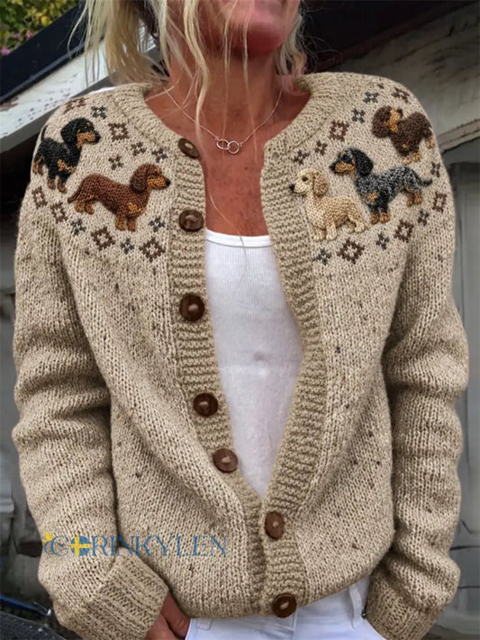 Kvinnors Vintage Dachhund hundar Yoke Isle Print Cardigan-Still jacka - Khaki / S
