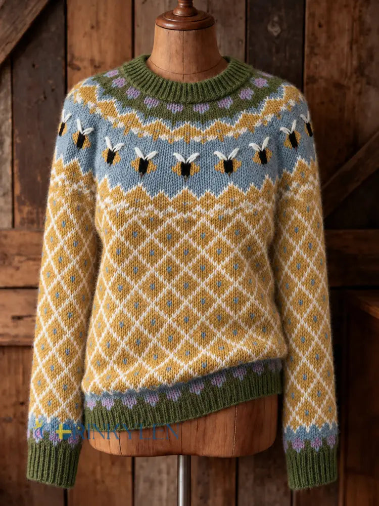 Kvinnors Vintage Farm Bin Skriv ut Mysig långärmad tröjar - gul / S