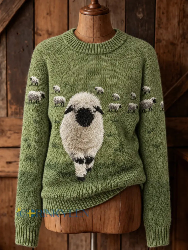 Kvinnors Vintage Farm Blacknose Får Skriv ut Mysig långärmad tröjar - grönt / S