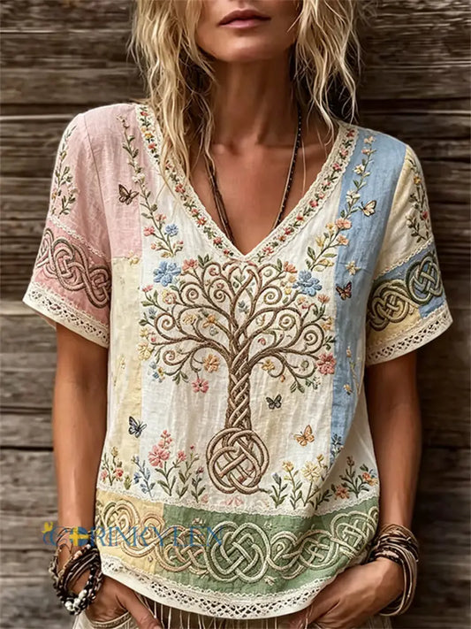Kvinnors Vintage Floral Tree of Life Celtic Knot Färgblock Skriv ut linne kortärmad T-shirt - kränk-vitt / S