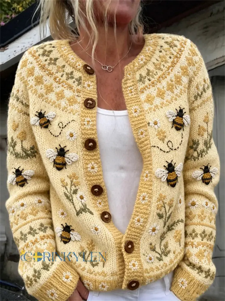 Kvinnors Vintage Flygande bin Farm Floral Isle Print Cardigan-stil sticka jacka - gul / S
