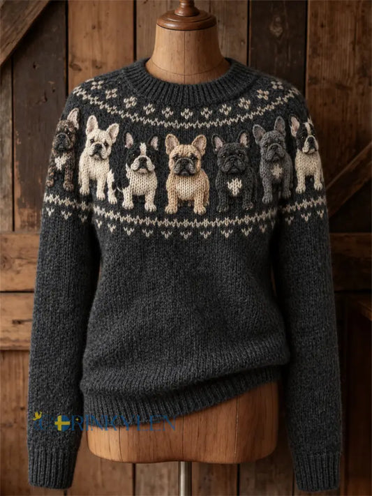 Kvinnors Vintage Franska Bulldogs Yoke Isle Mönster Skriv ut besättning hals tröjar - mörk grå / S