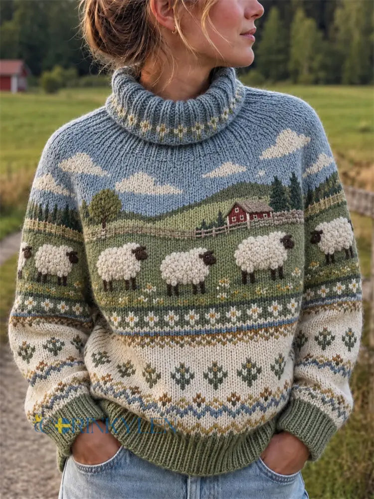 Kvinnors Vintage Fuzzy Får gård Landskap Isle Mönster Turtlenecks tröjar - grönt / S