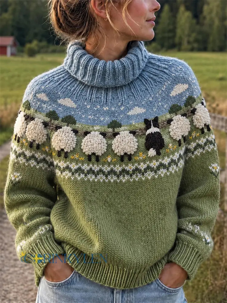 Kvinnors Vintage gård Border Collie & Får joke Isle Print Turtle hals tröjar - grönt / S