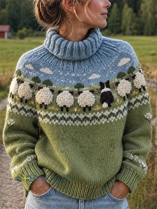 Kvinnors Vintage gård Border Collie & Får joke Isle Print Turtle hals tröjar - grönt / S