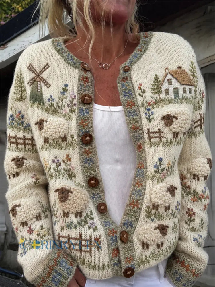 Kvinnors Vintage gård Fuzzy Får Floral Isle Skriv ut mysig Cardigan - kränk-vitt / S