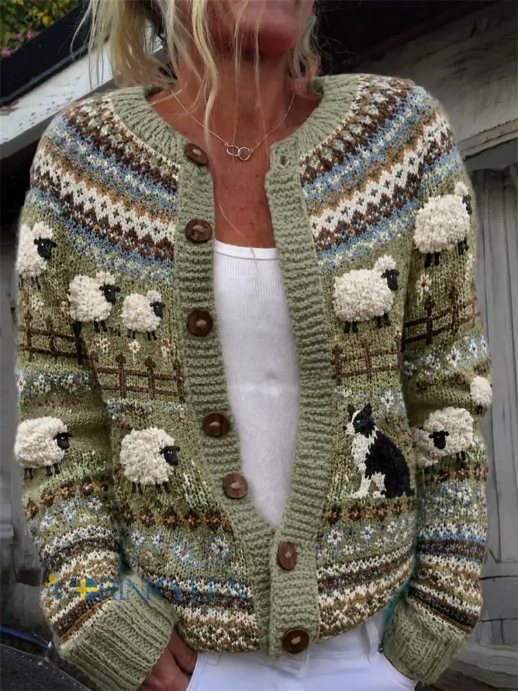 Kvinnors Vintage gård gräns Collie & Får Isle Skriv ut mysig Cardigan - grönt / S