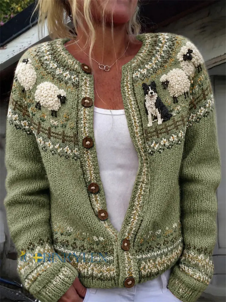 Kvinnors Vintage gård gräns Collie & Fuzzy får joke Isle Skriv ut mysig Cardigan - grönt / S