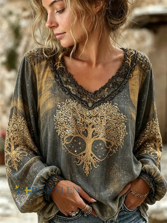 Kvinnors Vintage Glitter Viking träd av livet blekt tryck bomull-Linen skjorta - gul / S